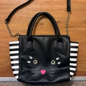 Luv By Betsey Johnson NWOT Cute Cat Face Black/White Striped Sides Satchel